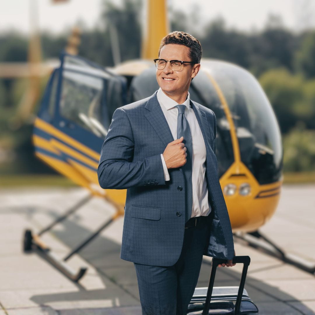 Charter helicopter in flight providing direct access to remote locations and city helipads.